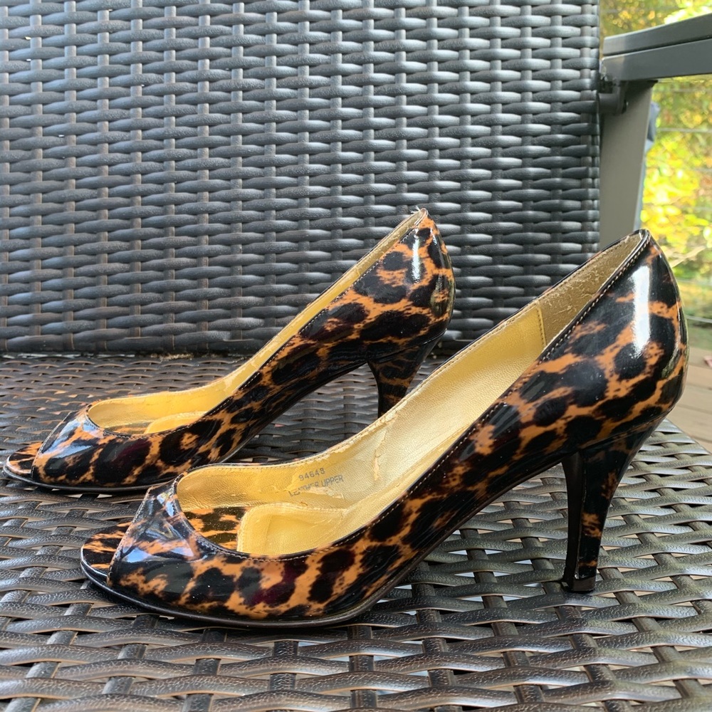 J. Crew Patent Leather Leopard Peep Toe Heels.
